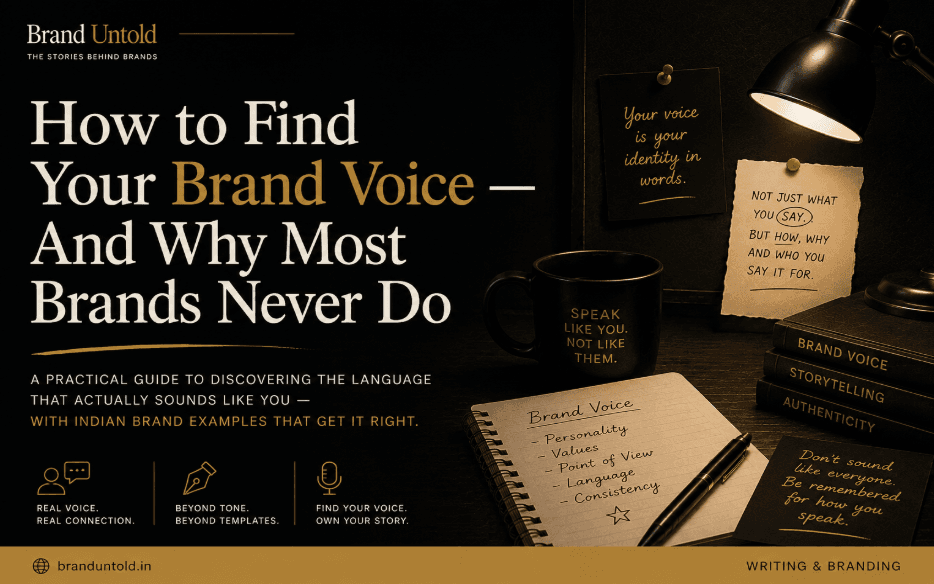 brand storytelling Brand Untold editorial cover for "How to find your brand voice" — a luxury black-and-gold workspace symbolizing authentic brand storytelling and brand identity.