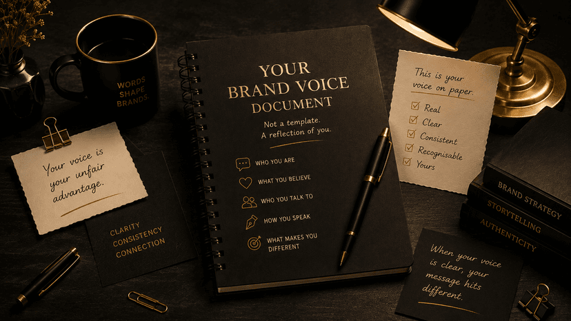 Brand Untold editorial illustration featuring a luxury black-and-gold workspace with a brand voice notebook, handwritten prompts, and creative notes, symbolizing the process of defining and documenting an authentic brand voice. Brand Untold editorial illustration featuring a luxury black-and-gold workspace with a brand voice notebook, handwritten prompts, and creative notes, symbolizing the process of defining and documenting an authentic brand voice.