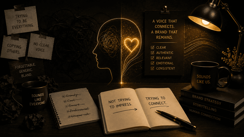 Brand Untold editorial illustration contrasting generic messaging with an authentic brand voice, featuring a cinematic black-and-gold design that symbolizes the psychology of trust, emotion, and meaningful brand connection Brand Untold editorial illustration contrasting generic messaging with an authentic brand voice, featuring a cinematic black-and-gold design that symbolizes the psychology of trust, emotion, and meaningful brand connection