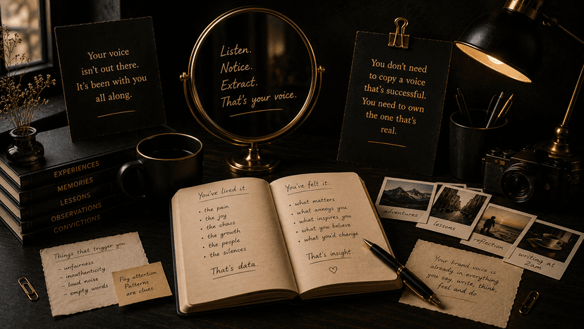 Brand Untold editorial illustration featuring a cinematic black-and-gold workspace with a mirror, notebook, handwritten reflections, and symbolic objects representing self-discovery, authentic brand voice, and listening to your own perspective. Brand Untold editorial illustration featuring a cinematic black-and-gold workspace with a mirror, notebook, handwritten reflections, and symbolic objects representing self-discovery, authentic brand voice, and listening to your own perspective.