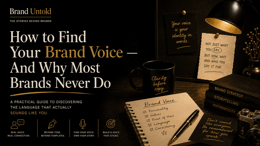 Brand Untold editorial cover for "How to find your brand voice" — a luxury black-and-gold workspace symbolizing authentic brand storytelling and brand identity.
